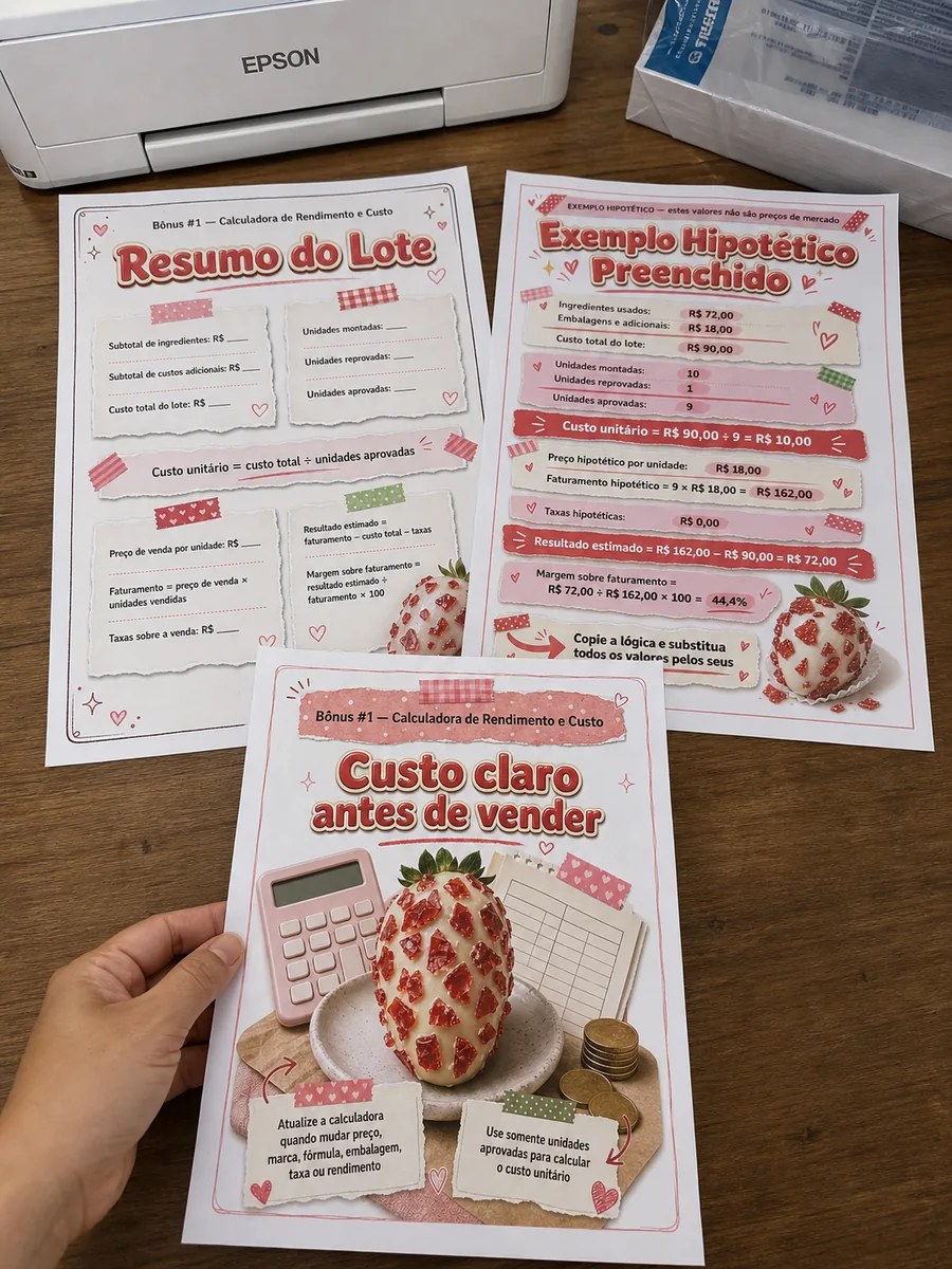 Material impresso do Morango Cravejado Ilustrado sendo usado de verdade